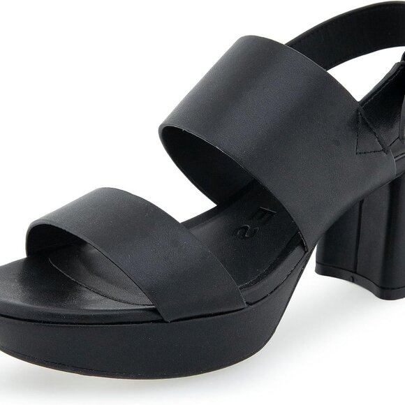 Women's Heeled Sandal Black PU Size 7.5 Block Heel Cushioned Insole - Picture 1 of 7